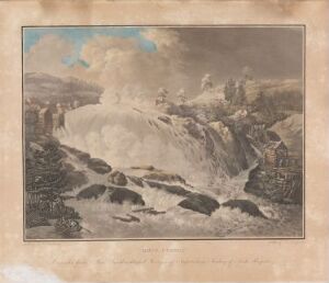  "Haugsfossen by Heinrich August Grosch, a vintage aquatint on paper, depicting the powerful Haugsfossen waterfall with frothy cascades surrounded by dark rocks under a light blue sky, all imbued with sepia tones for an aged effect."