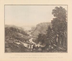  Aquatint print titled "Tistedalselven fra Veden gård til Fredrikshald" by Christian August Lorentzen, depicting a monochromatic landscape of a river winding through a valley with detailed rocky cliffs and trees, under a softly clouded sky, using shades of black, gray, and white to create depth and texture.