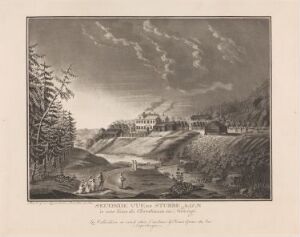  "Andre prospekt av Stubljan," an aquatint on paper by Christian August Lorentzen, depicting a grand estate overlooking a reflective body of water with detailed trees on the left, dramatic clouds above, and cultivated fields in the foreground, all rendered in shades of gray.