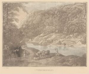  "I Tistedalen" by Heinrich August Grosch, a sepia-toned aquatint on paper depicting a pastoral landscape with a woman and a seated figure tending to cows near a winding river, surrounded by a dense, leafy forest.