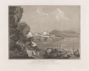  Aquatint on paper by Christian August Lorentzen depicting a historical view of Akershus Fortress in Oslo, Norway, with figures in the foreground and the fortress across the harbor, rendered in sepia tones.