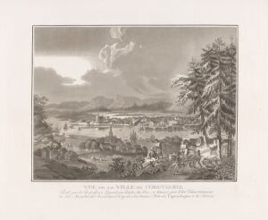  Monochromatic aquatint print "Christiania sett fra Ekeberg" by Christian August Lorentzen showing a historic, detailed view of Oslo from Ekeberg hill with intricate foliage in the foreground and a layered depiction of the town and surrounding landscape in shades of gray.