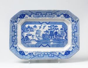  Rectangular blue and white flintware serving platter by Egersunds Fayancefabrik titled "China", featuring a detailed print decoration with a pastoral waterside scene and ornate border patterns.