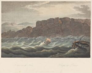  "Boydell's Picturesque Scenery of Norway" by John-William Edy, a fine art print showing a stormy sea with dark, rolling waves against rugged cliffs under a somber sky, with a sailing ship in distress near the right edge.