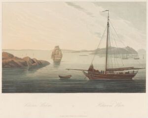  "Boydell's Picturesque Scenery of Norway" by John William Edy, depicting a serene maritime scene with a single-masted sailing ship and a small rowboat on calm blue waters, with soft brown and green landforms in the middle distance and a pale, cloud-streaked sky suggesting a tranquil, crisp atmosphere.