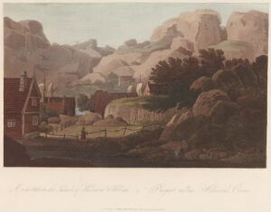  "Boydell's Picturesque Scenery of Norway" by John-William Edy, an aquatint artwork on paper, portrays a tranquil Norwegian rural landscape with a red-roofed house to the left, people engaged in countryside activities, and majestic mountains in the background under a soft, overcast sky.