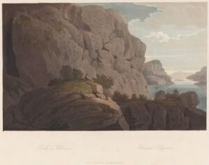  "Boydell's Picturesque Scenery of Norway" by John-William Edy, an aquatint showing a natural rugged Norwegian landscape with towering cliffs to the left in shades of brown and gray, subtle green vegetation on a rocky ledge with human and animal figures, a serene fjord in the middle distance, and distant mountains under a pale blue sky.