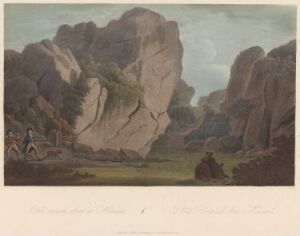  "Boydell's Picturesque Scenery of Norway" by John-William Edy - An aquatint art print depicting a dramatic Norwegian landscape with towering cliffs and sparse vegetation under a soft, overcast sky, and small figures in the foreground providing scale to the immense natural scene.