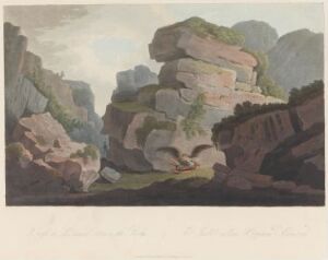  "Boydell's Picturesque Scenery of Norway" by John-William Edy, a colored aquatint on paper depicting a serene Norwegian landscape with layered rock formations in muted greys, browns, and greens under a softly painted light blue and grey sky, conveying a sense of tranquility and the passage of time.