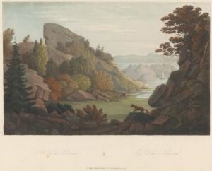  "Boydell's Picturesque Scenery of Norway" by John-William Edy is a fine art aquatint print capturing a tranquil Norwegian landscape, featuring a robust greenery-filled foreground with a tree to the right, a rock face to the left, a meadow with a grazing animal in the middle ground, followed by a reflective body of water and receding hills in the