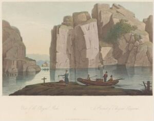  "Boydell's Picturesque Scenery of Norway" by Thomas Davison, an aquatint on paper featuring a peaceful scene with towering cliffs, calm blue-green waters and two small figures by a boat, reflecting the serenity of the Norwegian landscape.