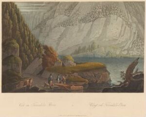  A color aquatint on paper by John-William Edy titled "Boydell's Picturesque Scenery of Norway" depicting a tranquil Norwegian fjord with towering cliffs in soft grays and blues, a grassy shoreline in gentle greens and yellows, a reflective blue water surface, and small human figures adding scale and life to the serene landscape.