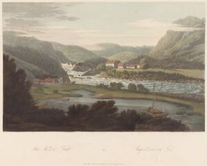  "Boydell's Picturesque Scenery of Norway" by John-William Edy is a color aquatint depicting a tranquil Norwegian landscape with rolling green hills in the foreground, a peaceful village by a reflective body of water in the middle, and majestic mountains in the background under a gentle blue sky.