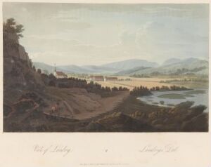  "Boydell's Picturesque Scenery of Norway" by John-William Edy is an aquatint depiction of a tranquil Norwegian landscape with a rocky foreground leading to a path, a reflective body of water with buildings across it, rolling hills, and distant mountains under a soft blue sky.