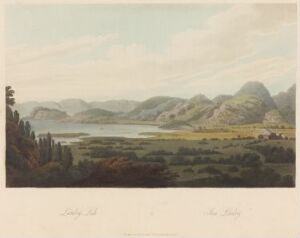  "Boydell's Picturesque Scenery of Norway" by John-William Edy is an aquatint print on paper depicting a serene Norwegian landscape with a calm lake surrounded by soft, green hills, under a pale blue sky with hints of dawn or dusk light.