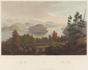  "Boydell's Picturesque Scenery of Norway" by John-William Edy is a color aquatint on paper depicting a tranquil Norwegian landscape with layered blue and purple mountains in the distance, a reflective body of water in the middle ground, and a foreground of dense evergreen trees in varying shades of green and brown against a pale blue sky with gentle clouds.