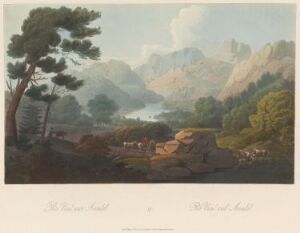  "Boydell's Picturesque Scenery of Norway" by John-William Edy, featuring a tranquil landscape with lush greenery, a winding river, small figures with cattle near the riverbank, and distant blue and purple mountains under a soft blue sky with scattered clouds.