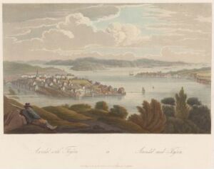  "Boydell's Picturesque Scenery of Norway" by John-William Edy, a color aquatint depicting a serene Norwegian coastal town at sunset or sunrise with a vast sky, calm waters with boats, clustered buildings, and a figure in the foreground admiring the view.