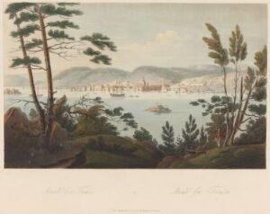  "Boydell's Picturesque Scenery of Norway" by John-William Edy - a fine art print showing a serene Norwegian bay, framed by foliage, with sailing vessels on calm waters and a muted cityscape set against a backdrop of distant mountains under a soft blue sky.