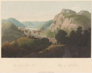  "Boydell's Picturesque Scenery of Norway" by John-William Edy, depicting a tranquil Norwegian landscape with rocky foreground, a small village with red and white buildings in the middle, and a serene fjord flanked by rolling hills and mountains under a softly colored sky.