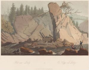  A colored aquatint fine art print by John-William Edy titled "Boydell's Picturesque Scenery of Norway," depicting a serene Norwegian landscape with large boulders, a gentle river, two figures on its banks, and an elegant bridge in the background under a soft, pastel sky.