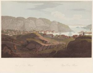  "Boydell's Picturesque Scenery of Norway" by John-William Edy, a color aquatint on paper depicting a tranquil Norwegian village with wooden structures amid rolling hills, with majestic mountains in the background and a body of water to the right, all rendered in soft, subtle colors.