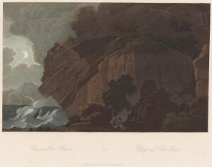  "Boydell's Picturesque Scenery of Norway" by artist John-William Edy - A 19th-century color aquatint depicting a stormy Norwegian coastal scene with dark, heavy clouds, a steep, rock-strewn cliff face, and foamy waves crashing against the shore.