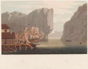 
 An aquatint print by John William Edy titled "Boydell's Picturesque Scenery of Norway" featuring a calm harbor scene with a sailboat at a pier, wooden structures along the shore, and dramatic cliffs in the background under a light blue sky.