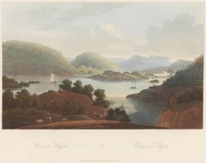  "Boydell's Picturesque Scenery of Norway" by John-William Edy is a fine art print featuring a calm Norwegian fjord surrounded by gentle hills and mountains with a soft color palette of earthy tones, greens, and blues, with boats on the water and a tranquil sky above.