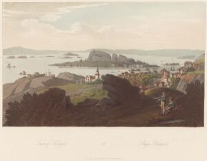  An aquatint titled "Boydell's Picturesque Scenery of Norway" by John William Edy, portraying a peaceful Norwegian village with houses and a church by a calm fjord, surrounded by rolling hills and distant islands, under a softly colored dawn or dusk sky.