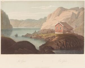  "Picturesque Scenery of Norway" by Boydell, J. & J. is a color aquatint on paper depicting a serene Norwegian landscape with a red wooden house on the fjord's edge, a small boat on the water, surrounded by soft-hued mountains and overcast sky.