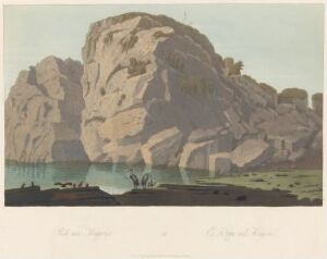  "Boydell's Picturesque Scenery of Norway" by John-William Edy, a color aquatint on paper featuring a grand rock formation on the right with stratified beige, light brown, and gray tones overlooking a placid body of water in a muted teal, with a foreground of dark brown and hints of greenery, under a pale blue sky, encapsulating the serene Norwegian landscape.