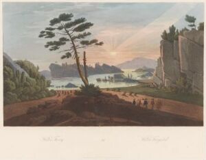  "Boydell's Picturesque Scenery of Norway" by John-William Edy, shows a landscape with a sandy foreground path leading past a leaning pine tree to a calm lake, under a sky transitioning from peach to light blue.