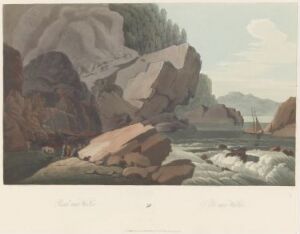  "Boydell's Picturesque Scenery of Norway" by John William Edy depicting a serene Norwegian landscape with turbulent water rapids in