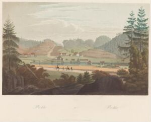  "Boydell's Picturesque Scenery of Norway" by John-William Edy is a colored aquatint on paper showcasing a serene Norwegian landscape with a reflective body of water, small wooden buildings in pale hues, rich evergreen trees to the right, and figures on a path, all beneath a softly colored sky transitioning from baby blue to pale yellow-white.