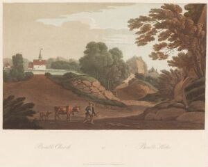  "Boydell's Picturesque Scenery of Norway" by John-William Edy, a color aquatint on paper depicting a serene and bucolic Norwegian landscape with travelers on horseback, featuring a soft palette of earthy tones and a large, peaceful sky.