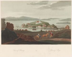  "Boydell's Picturesque Scenery of Norway" by John-William Edy, a fine art color aquatint on paper depicting a serene Norwegian landscape with a figure in silhouette observing a scene with water, islands, a prominent building, and distant mountains, all rendered in soft, muted tones.