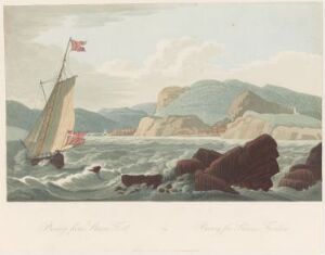  "Boydell's Picturesque Scenery of Norway" by John-William Edy is a fine art print with a color aquatint on paper depicting a lively coastal scene. A small sailing vessel with a Red Ensign flag navigates rough, rocky waters in the foreground, while in the background, soft, rolling hills descend to the edge of calmer seas, all under a softly hued sky suggestive of early morning or late afternoon light.