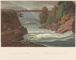  "Boydell's Picturesque Scenery of Norway" by John William Edy, featuring a rushing river with rapids in the foreground, a figure in red sitting on the left riverbank, an arched bridge connecting brown and red cliffs, and distant mountains under a gradient peach to blue sky.