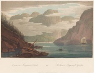  "Boydell's Picturesque Scenery of Norway" by John-William Edy, featuring a peaceful fjord flanked by tall cliffs in muted greens and greys, with a lone figure on the shore to the left and a small boat with two individuals in the center, under an overcast sky.