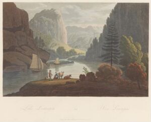 "Boydell’s Picturesque Scenery of Norway" by John William Edy, featuring a tranquil river scene with cliffs, boats, and figures amidst lush surroundings, in soft, muted colors with a gentle gradation of light.