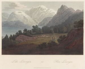  "Boydell's Picturesque Scenery of Norway" by John-William Edy, a fine art print depicting a tranquil Norwegian landscape with snow-capped mountains in the background, a serene fjord in the midground, and signs of a small rural settlement in the foreground. The print uses a color palette of whites, blues, and greens to convey the natural beauty and majesty of the Norwegian terrain.