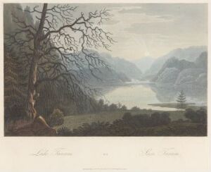  "Boydell's Picturesque Scenery of Norway" by John William Edy - A serene landscape print showing a leafless tree in the foreground with a reflective body of water beyond, flanked by layers of muted, mountainous terrain under a soft, light-infused sky.