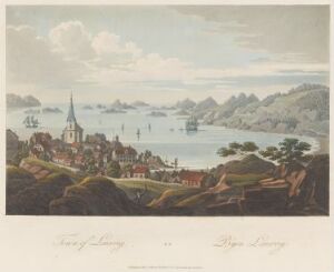  A color aquatint on paper by John-William Edy titled "Boydell's Picturesque Scenery of Norway" depicting a historic Norwegian village with a central church spire, surrounded by green hills and overlooking a calm fjord with several sailing ships, under a softly colored sky suggestive of dawn or dusk.