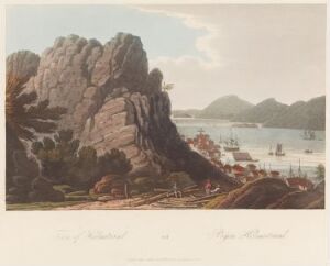  "Boydell's Picturesque Scenery of Norway" by John-William Edy, depicting a tranquil Norwegian landscape with a towering rock formation on the left, gentle slopes leading to a calm bay with various boats, and distant hills under a pastel sky at dawn or dusk.