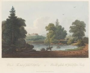  "Boydell's Picturesque Scenery of Norway" by John-William Edy depicts a tranquil landscape with a human figure and a horse in the foreground, a calm body of water with a boat, diverse vegetation in lush greens, a red-roofed building, and distant mist-covered hills under a clear sky.