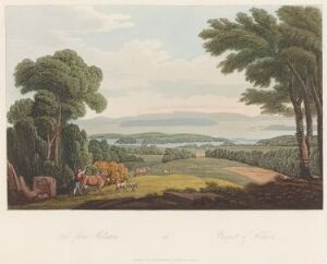  "Boydell's Picturesque Scenery of Norway" by John-William Edy, depicting a panoramic view of a Norwegian valley with lush green trees, golden fields, people and