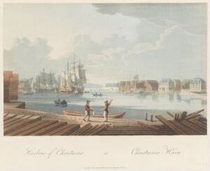  "Boydell's Picturesque Scenery of Norway" by John-William Edy, visual art piece on paper featuring a serene harbor with ships, a dock with two figures, and muted colors conveying a historic maritime scene.