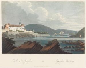  "Boydell's Picturesque Scenery of Norway" by John-William Edy, depicting a peaceful waterside scene with a prominent white building, surrounded by rocky outcrops in the foreground and subdued hills in the background, rendered in a fine aquatint technique on paper.