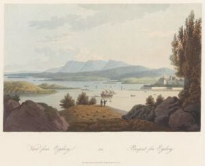  A color aquatint on paper titled "Boydell's Picturesque Scenery of Norway" by John-William Edy, depicting a peaceful Norwegian landscape with rocky foreground boulders, a calm central waterway with small islands, distant blue-hued mountains, and a light, cloud-streaked sky.